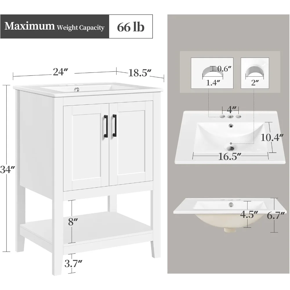 24" Bathroom Vanity with Sink, Sink Cabinet with Rectangular Ceramic Basin, Vanities Cabinet with 2 Doors and 1 Open Shelf,White 2