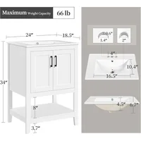 24" Bathroom Vanity with Sink, Sink Cabinet with Rectangular Ceramic Basin, Vanities Cabinet with 2 Doors and 1 Open Shelf,White 2