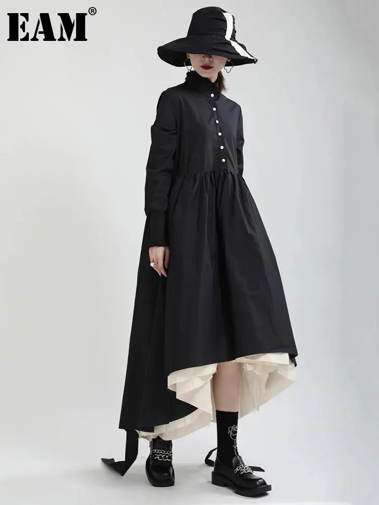 

[EAM] Women Black Color-block Burr Hem Irregular Big Size Dress New Stand Collar Long Sleeve Fashion Spring Autumn 2024 1DF4811