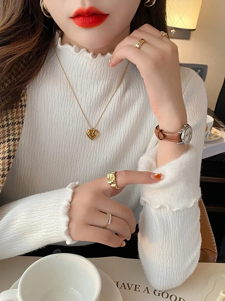 Fashion Women Winter Warm Mock Neck Pullover Sweater Autumn Elegant Casual Solid Ruffles Knitted Top Long Sleeve Knitwear