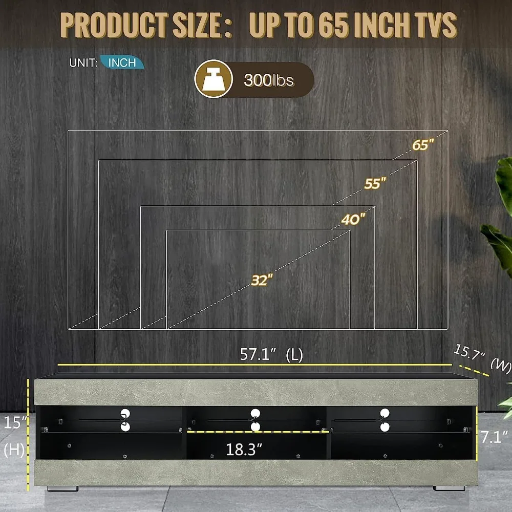 LED TV stand, gray black TV stand with LED lights, TV media console with glass frame 4