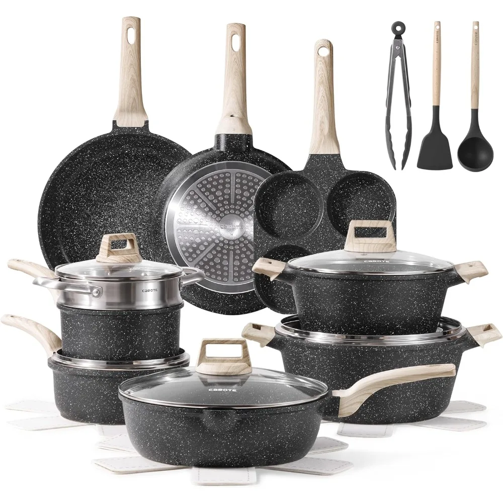 

21pcs Pots and Pans Set Nonstick, Cookware Set Black Granite Induction Kitchen Cooking Set w/Frying Pans