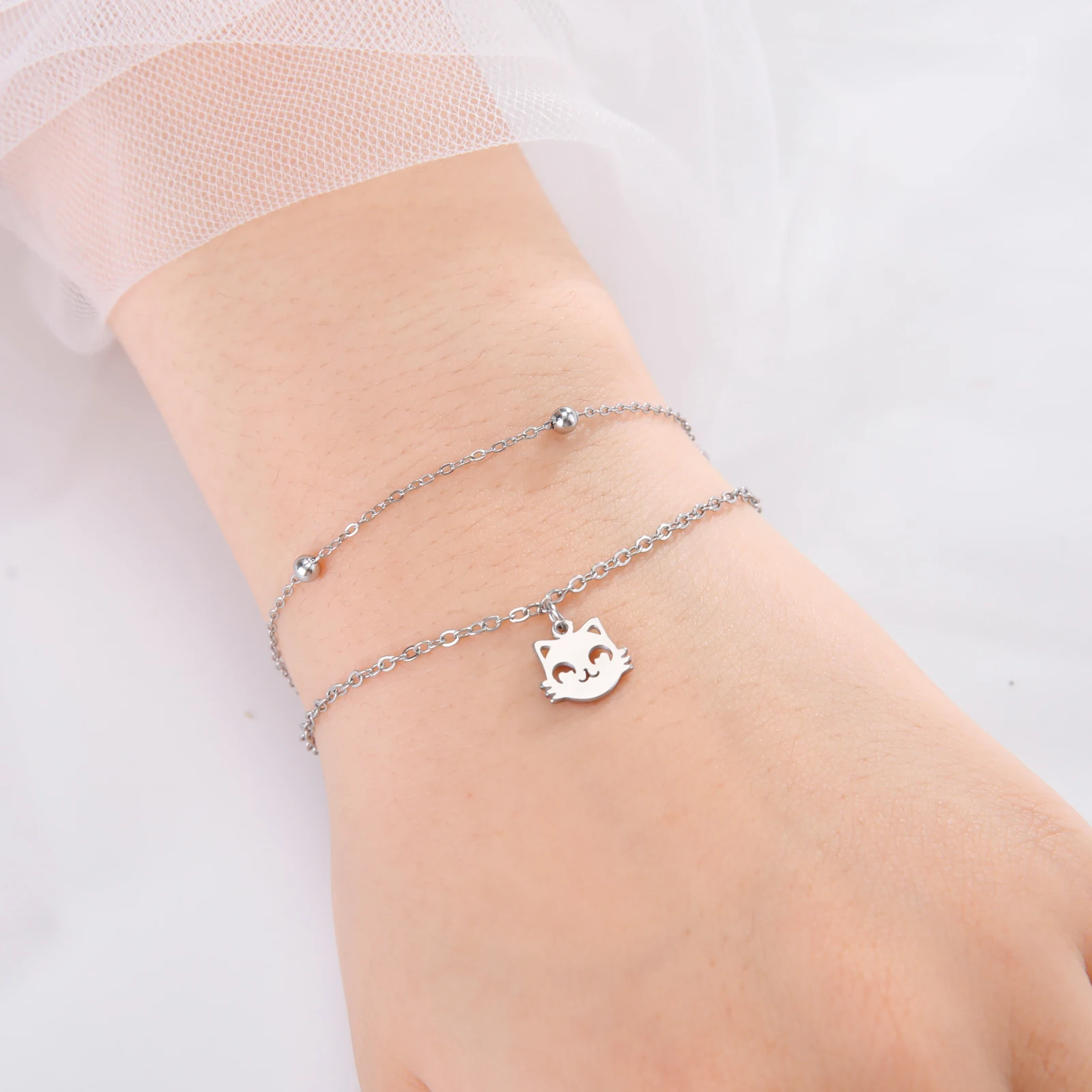 Cute Cat Kitten Head Bracelet for Women Stainless Steel Animal Double Chain Bracelet on Hand Jewelry - PeticaDeals