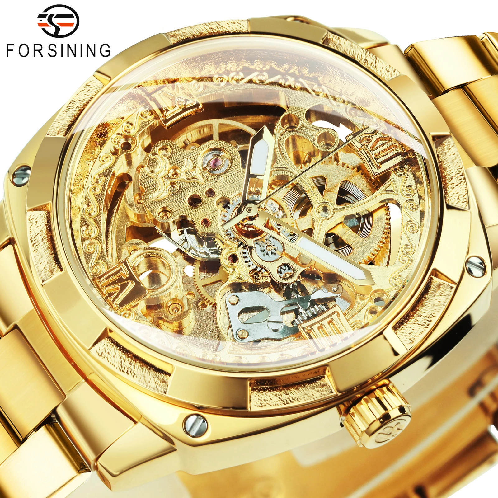 Forsining Transparent Skeleton Gold Watch for Men Mechanical Wristwatches Vintage Engraved Automatic Watches Mens Steel
