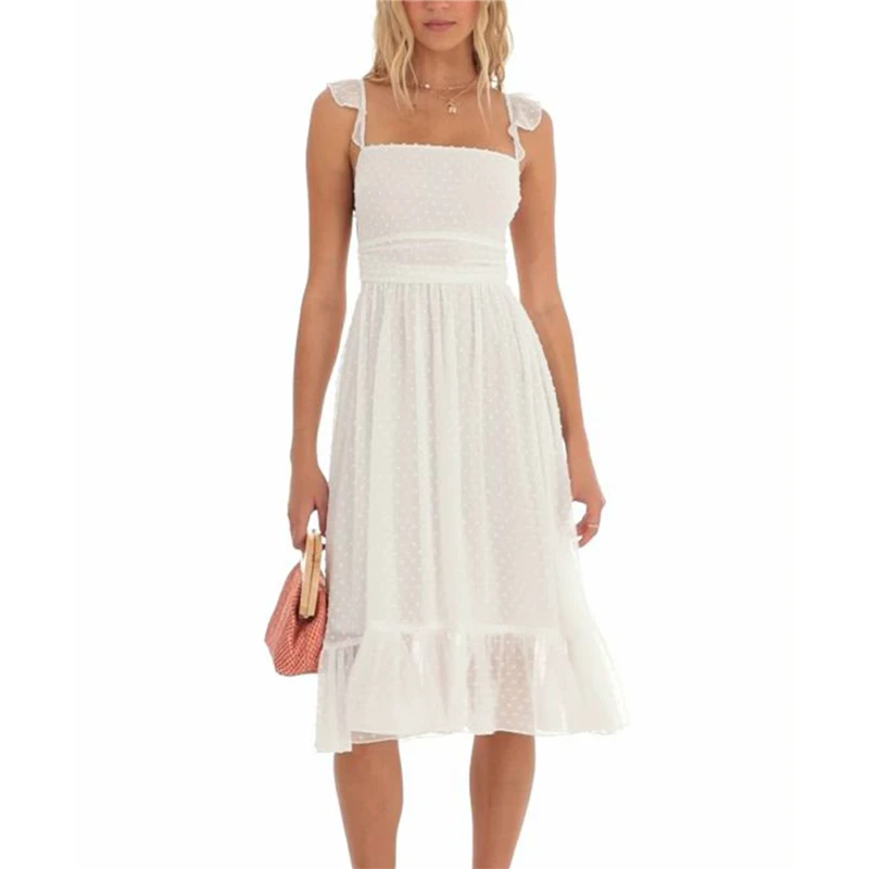 

Women Summer Chiffon Beach Ruffle Dress Swiss Dot Pattern Sleeveless Backless Midi Dress 2000s Dresses Party Clubwear