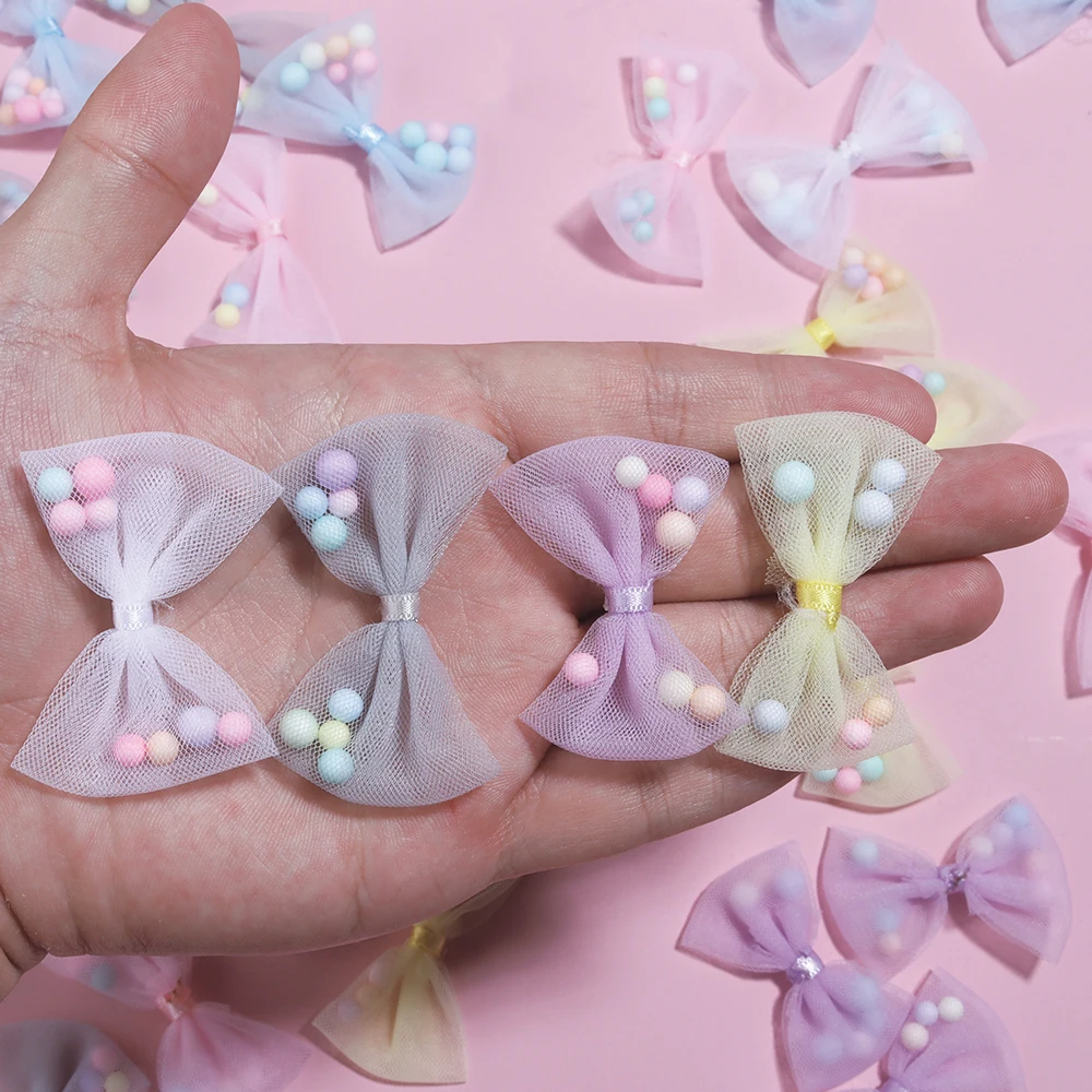 10 Stück/Lot 3x4cm Organza-Schleifen in Bonbonfarben, Netzspitze-Schleife mit Schaumstoffball für Mädchen, DIY-Kleidung, Kopfbedeckungen, dekorative Accessoires – Detail 2