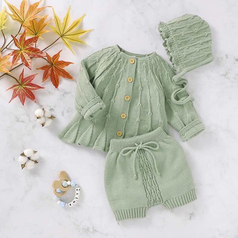 

Baby Clothing Set Knitted Solid Newborn Boy Girl Sweater Long Sleeve +Shorts +Hat Fashion Ruffles Infant Toddler Pullover +Pants
