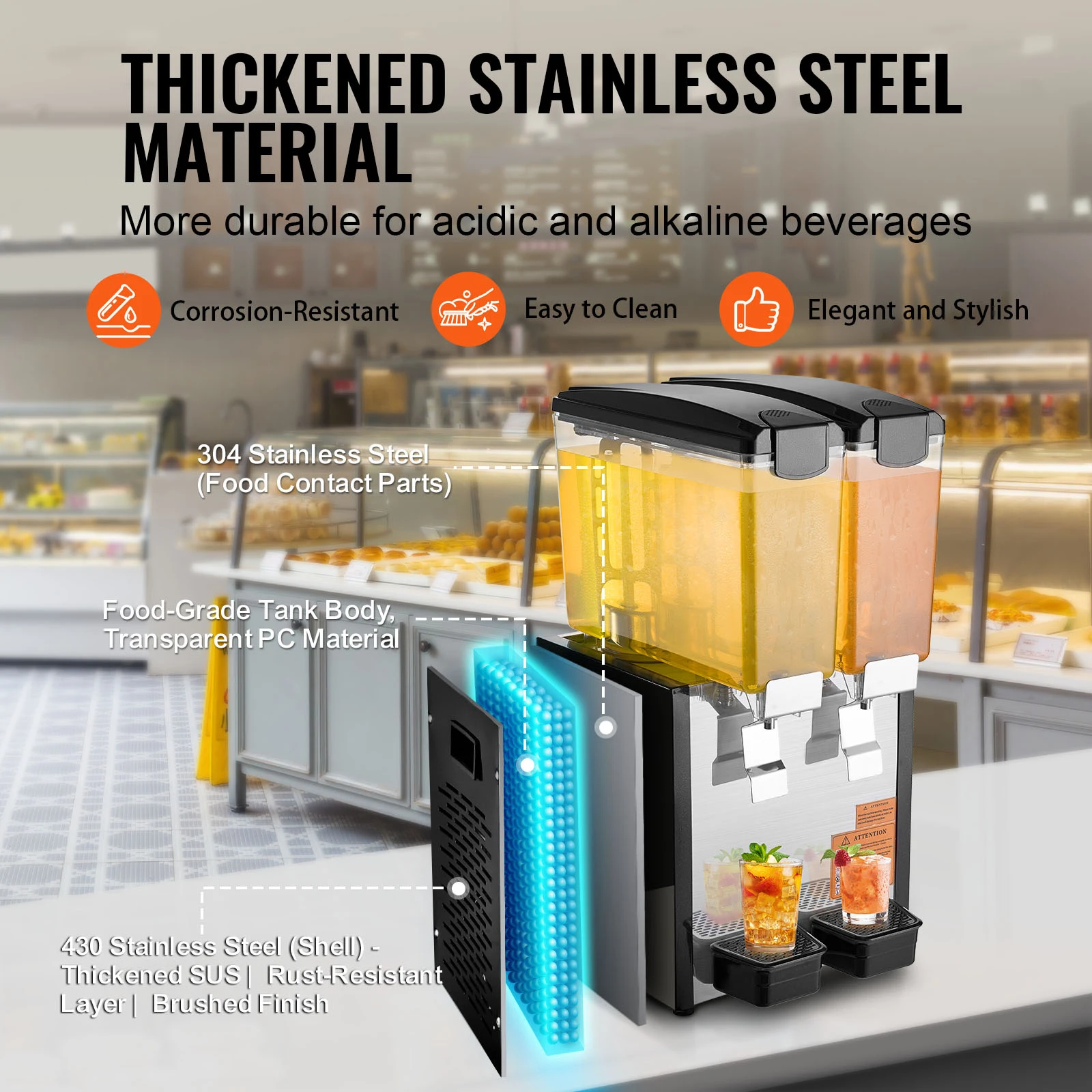 SucceBuy 1/2 Tanks Commercial Beverage Dispenser 10L/12L/18L Per Tank Juice Dispenser Stainless Steel Ice Tea Drink Machine 4