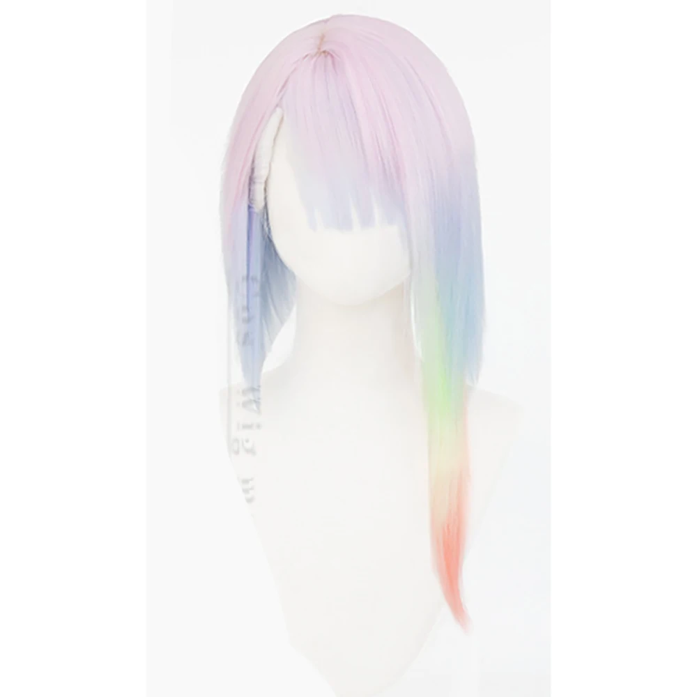 Parrucca Sintetica Corta con Frangia Multicolore Sfumato Stile Punk Anime Lucy Pastel Arcobaleno per Cosplay a Tema Sci-fi - immagine 2