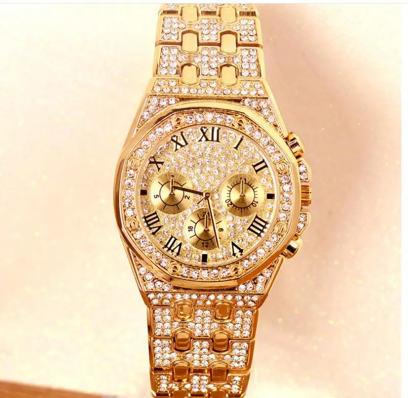 Men Watch Luxury Hiphop Punk Iced Out Watch Gold Diamond Rhinestone Watch for Men Quartz Wristwatch Relogio Naviforce Masculino