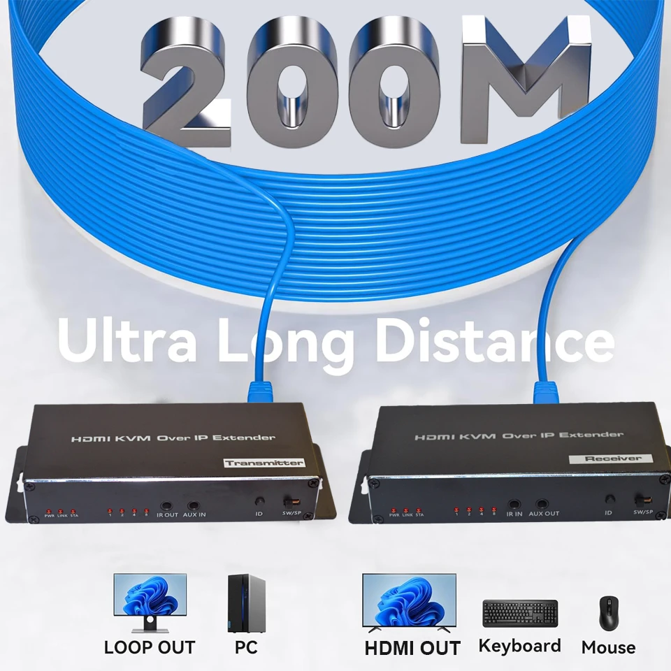 4K 200M HDMI KVM Extender over IP RJ45 Ethernet Cat6e/6 cable HDMI USB Extender