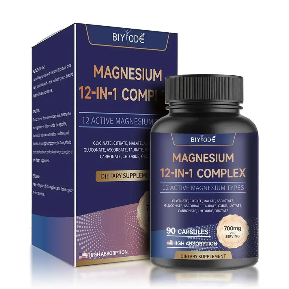 90 קפסולות מגנזיום גליסינט 12 ב-1 מורכבות לשינה קלה, לשיפור האנרגיה, לשיפור השרירים, להרפיה והחזרת עייפות ועייפות