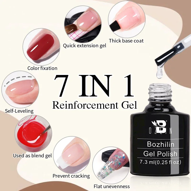 BOZLIN 7.3ml 7 in 1 Reinforcement Gel Clear Quick Extension Construct Hard Gel Semi Permanent Acrylic Extension Nail Art Varnish