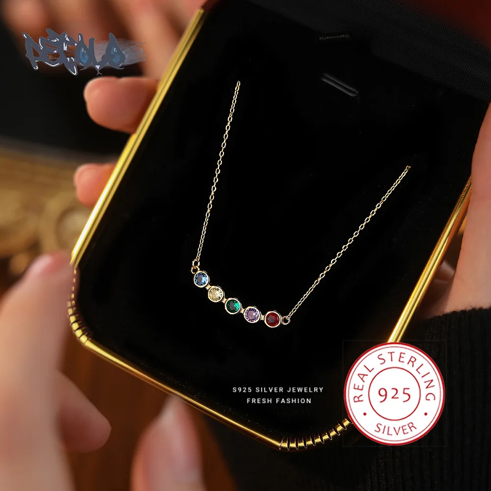 

S925 Sterling Silver Necklace for Women Exquisite Rainbow Zircon Pendant High Sterling Silver Sweater Chain Anniversary Gift