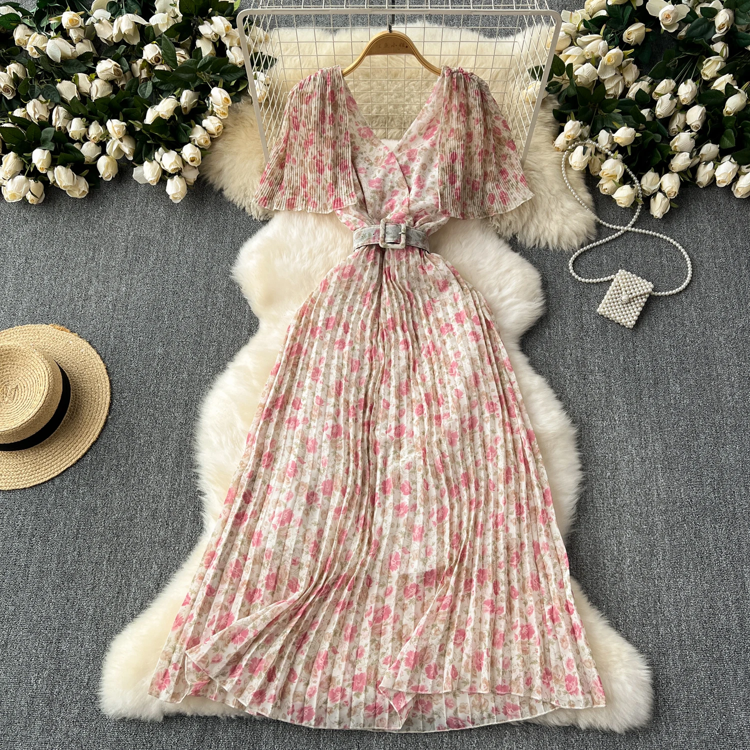 

Chic Elegant short Long Sleeves floral chiffon vneck Dress A-line High Waist Vacation Party Women French summer sweet dresses