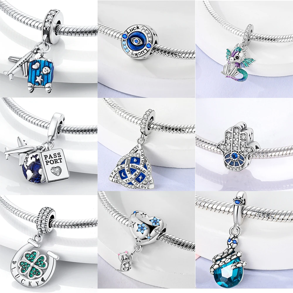 MULA  블루 여행 비행기 매력 펜던트 비즈 여성을위한 원래 925 팬 팔찌 쥬얼리에 맞게 DIY 선물