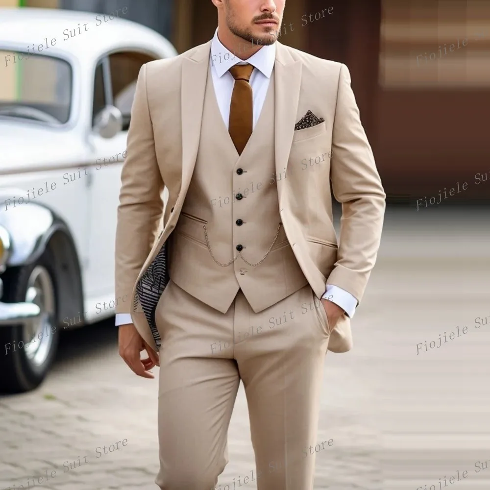 

New Khaki Formal Occasion Men Suit Business Tuxedos Groom Groomsman Wedding Party Prom Male 3 Piece Set Blazer Vest Pants