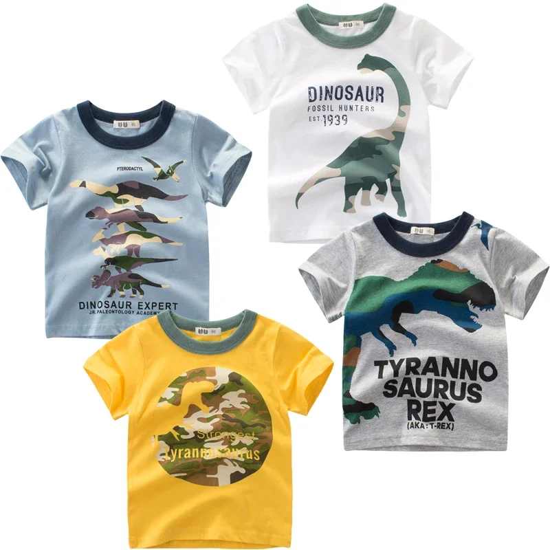 Dropshipping 4PCS/SET 2025 Summer New Boys' Cartoon Monkey Elephant T-shirt Short Sleeve T Shirt Dinosaur Children Tops Tees 3