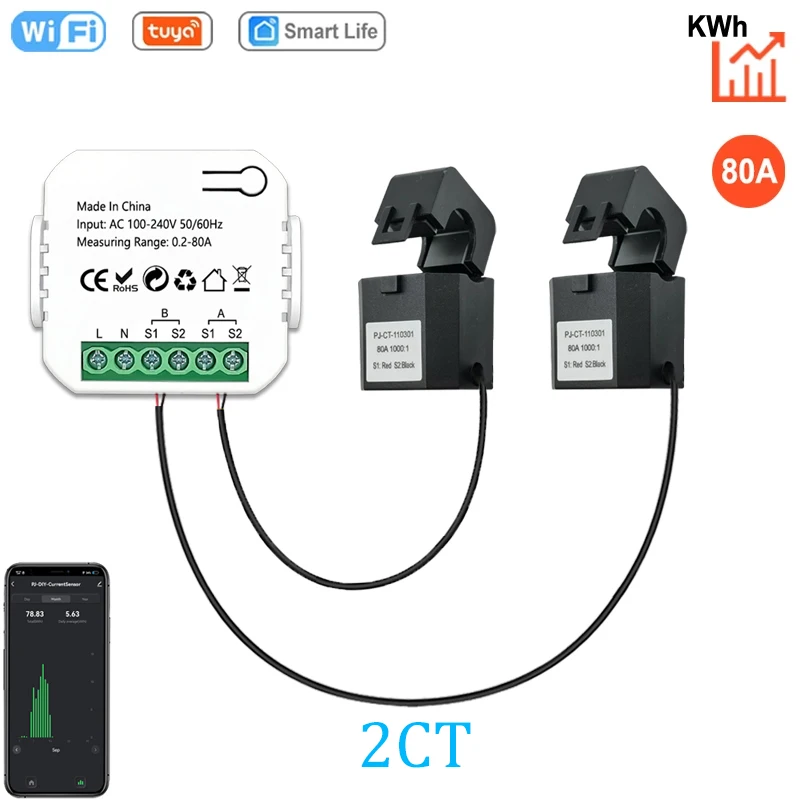 Energy Meter Tuya Smart 2 Way WiFi Bidirection 1/2 Channel Clamp App Monitor Solar Produced and Consumed Power AC100V 240V