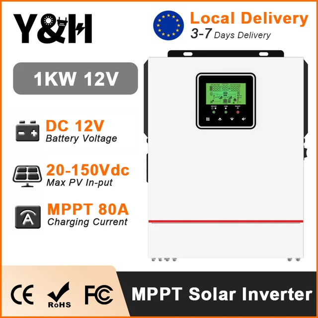 อินเวอร์เตอร์ไฮบริดพลังงานแสงอาทิตย์ Y&H 1000W 12V 220V คลื่นไซน์บริสุทธิ์ อินเวอร์เตอร์แบบออฟกริด พร้อมตัวควบคุมการชาร์จพลังงานแสงอาทิตย์ MPPT 80A ในตัว 1