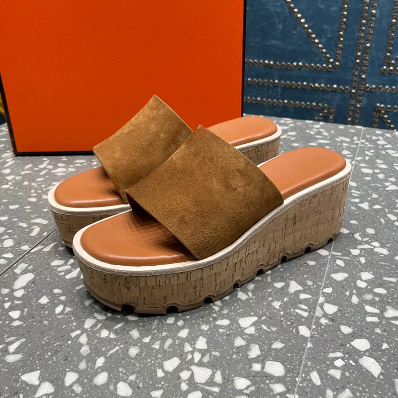 

Summer New Female Wedges Sandals Real Leather Material Round Toe Platform Slippers Wear Resistant Thick Bottom Women's Sandals