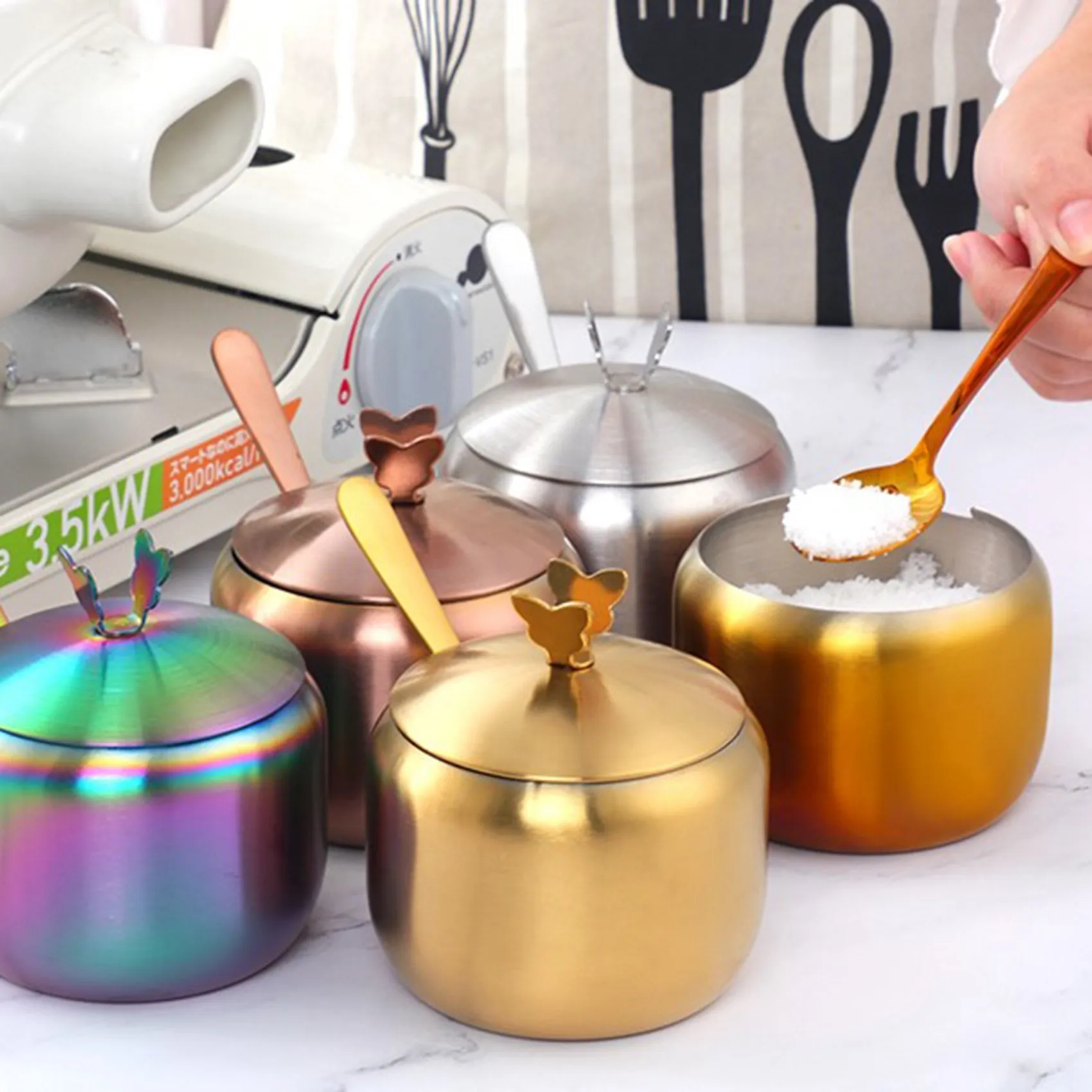 Seasoning Box Kitchen Stainless Condiment Pot Large Diameter Spice Salt Sugar Container Jar with Lid & Spoon