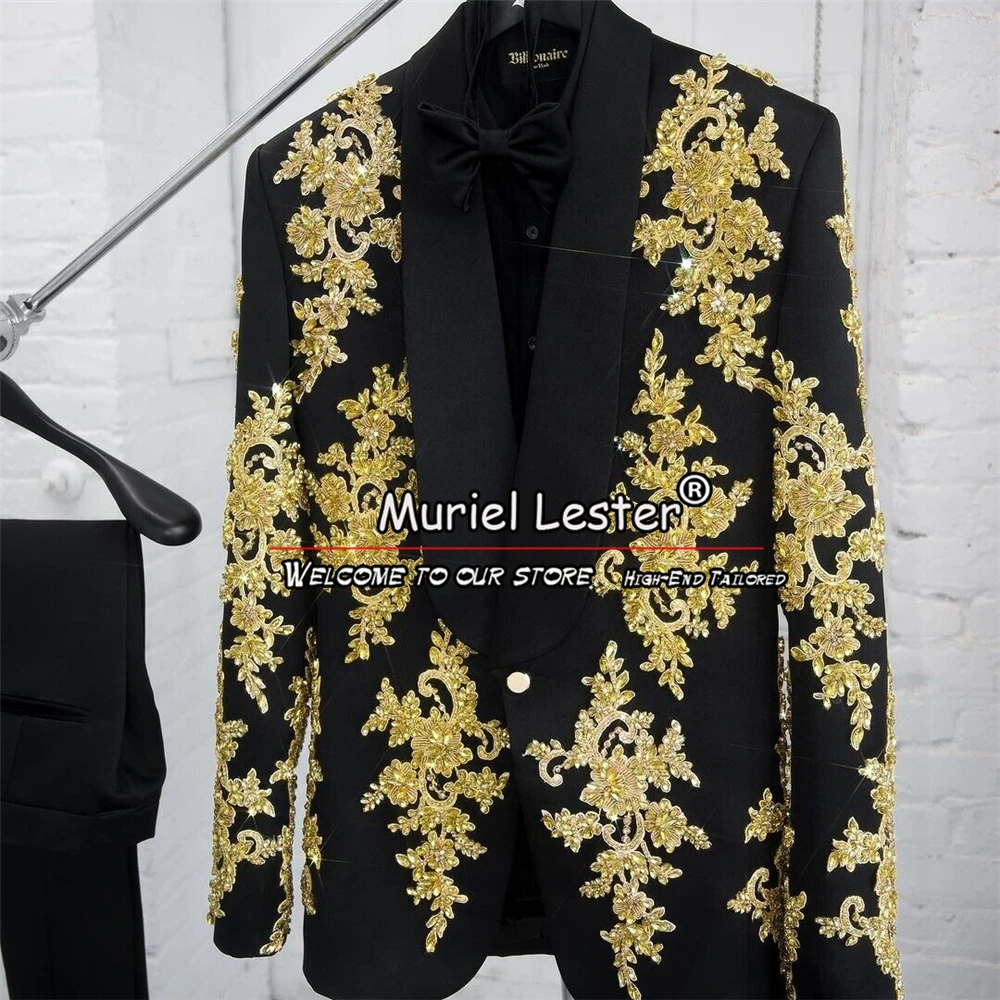 Abiti da uomo per matrimonio Appliques d'oro smoking da sposo con perline set da 2 pezzi Blazer da uomo per feste d'affari Trajes Elegante Para Hombres