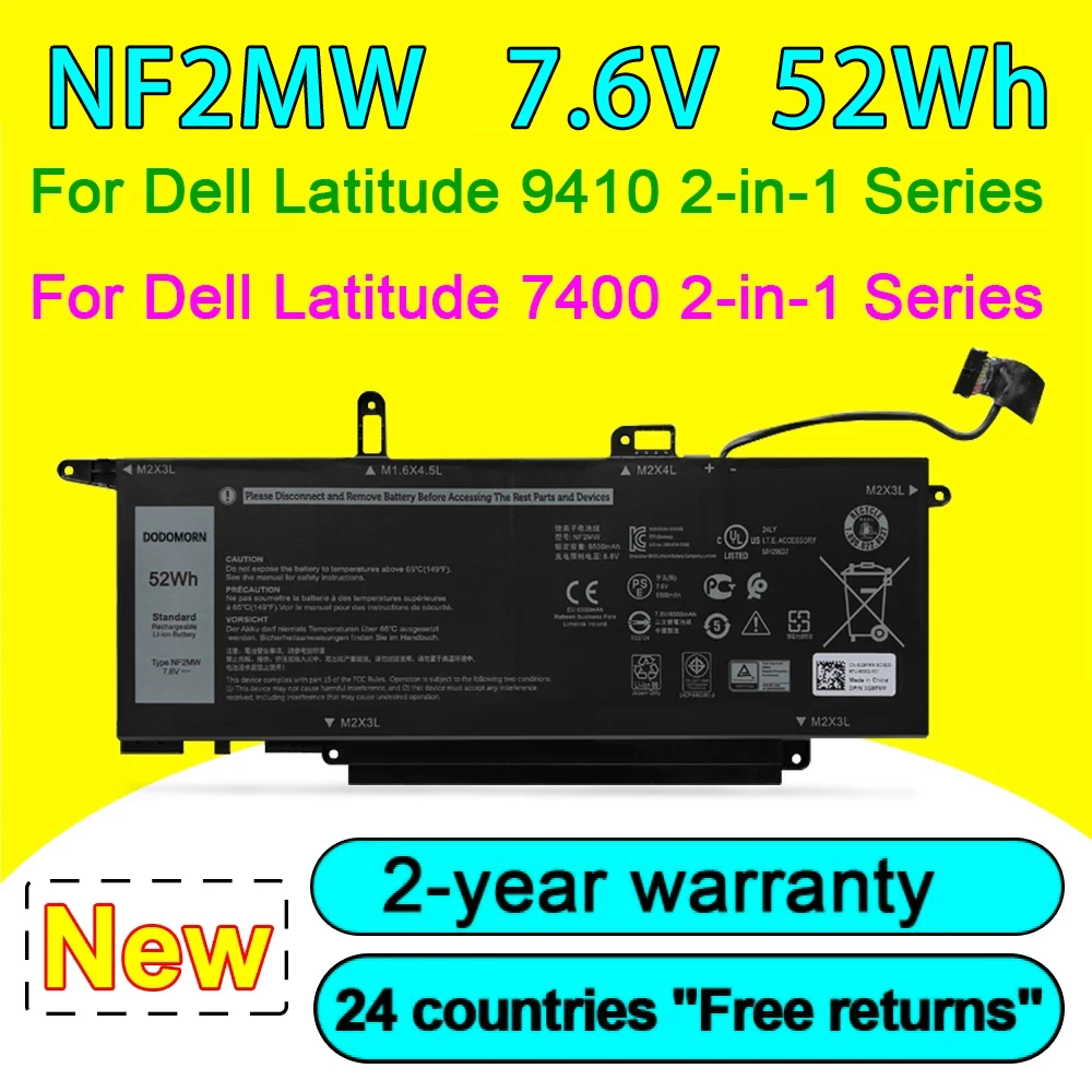 

NEW NF2MW Laptop Battery For Dell Latitude 7400 9410 2-in-1 Series 02K0CK 0C76H7 0CHWV6 11P1P 41M98 52WH 7.6V High Quality