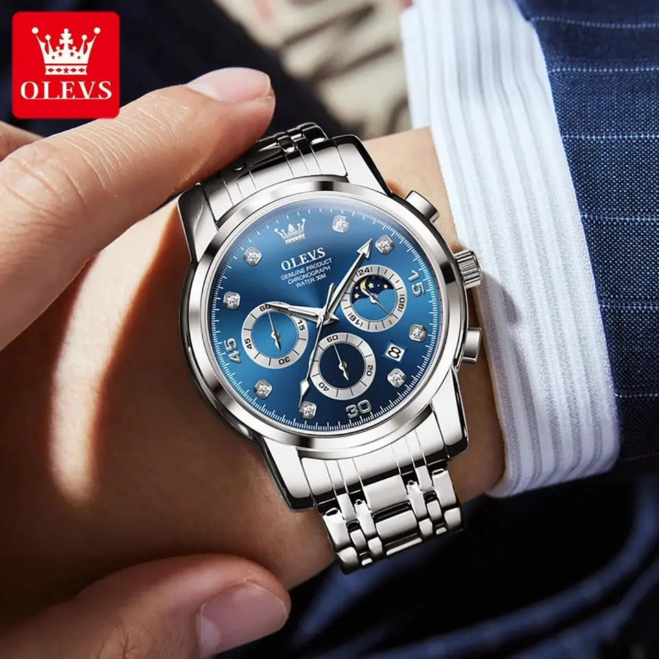 OLEVS Men's Watch Luxury Stainless Steel Luminous Waterproof Chronograph Moon Phase Wristwatch Quartz Watch for Men Reloj Hombre