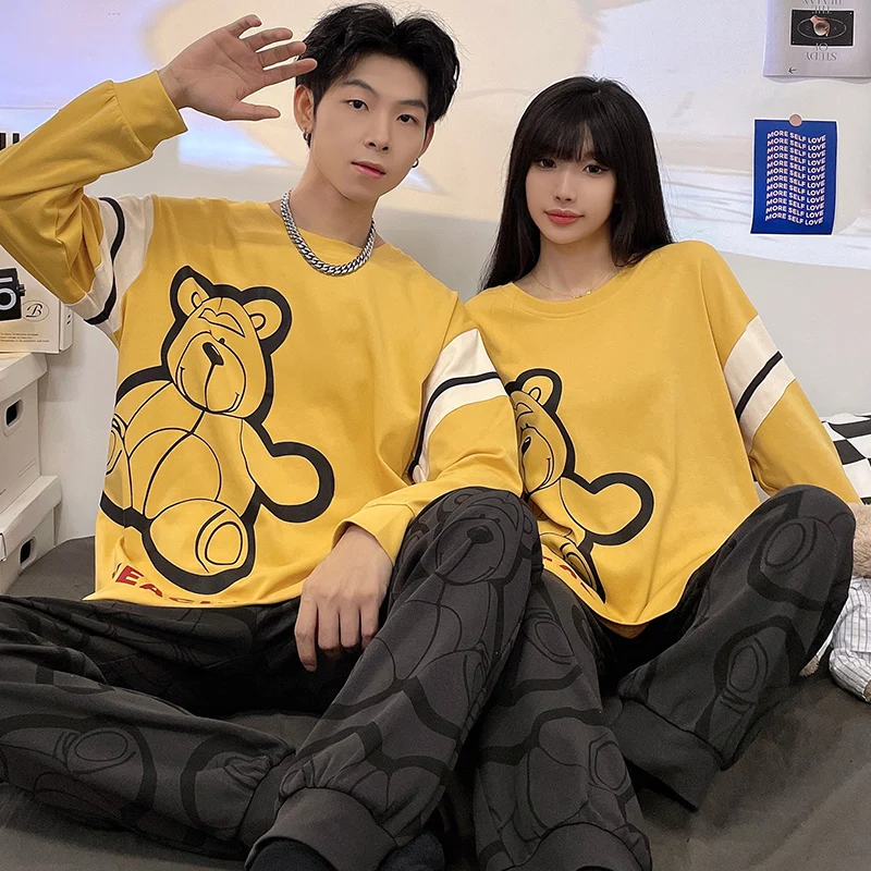 Cartoon Cute Bear Cotton Couples Nightwear Spring Long Sleep Top Pant Pajamas Set Women Matching Homewear Home Clothes Freeship