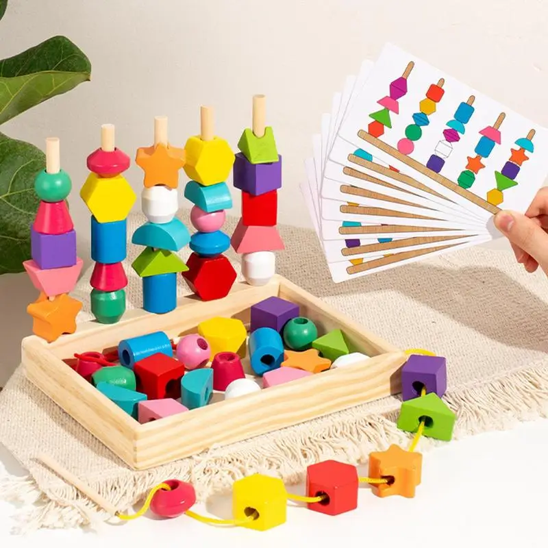 

Bead Sequencing Set Color Shape Sorter Stacking Wooden Blocks Activity Puzzle Educational Learning Toyset For Preschool kids