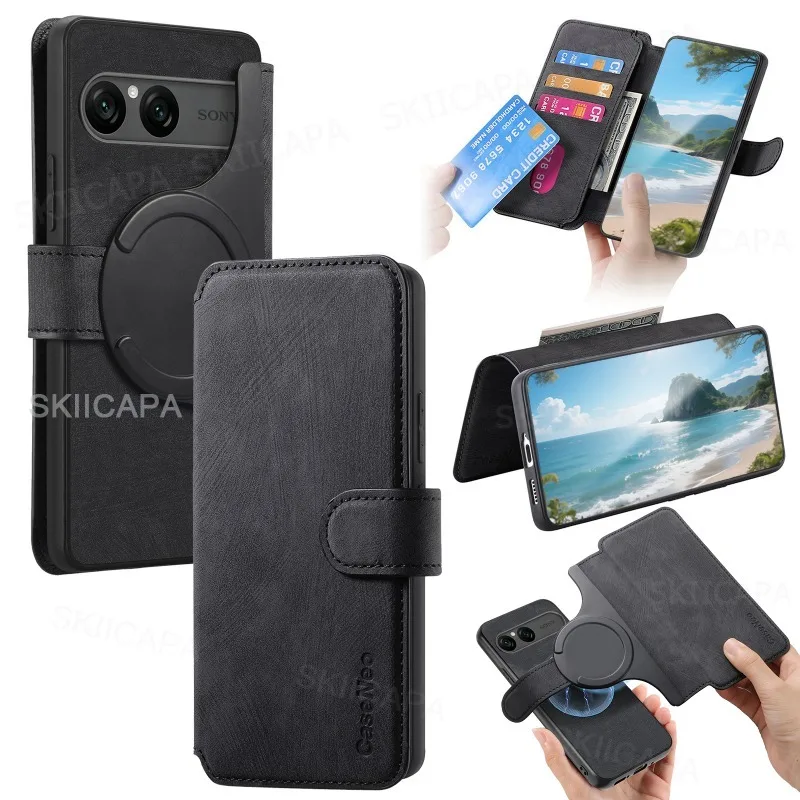Multifunction Flip Leather Magnetic Wallet Case with Magsafe Removable 2-in-1 Phone Cover