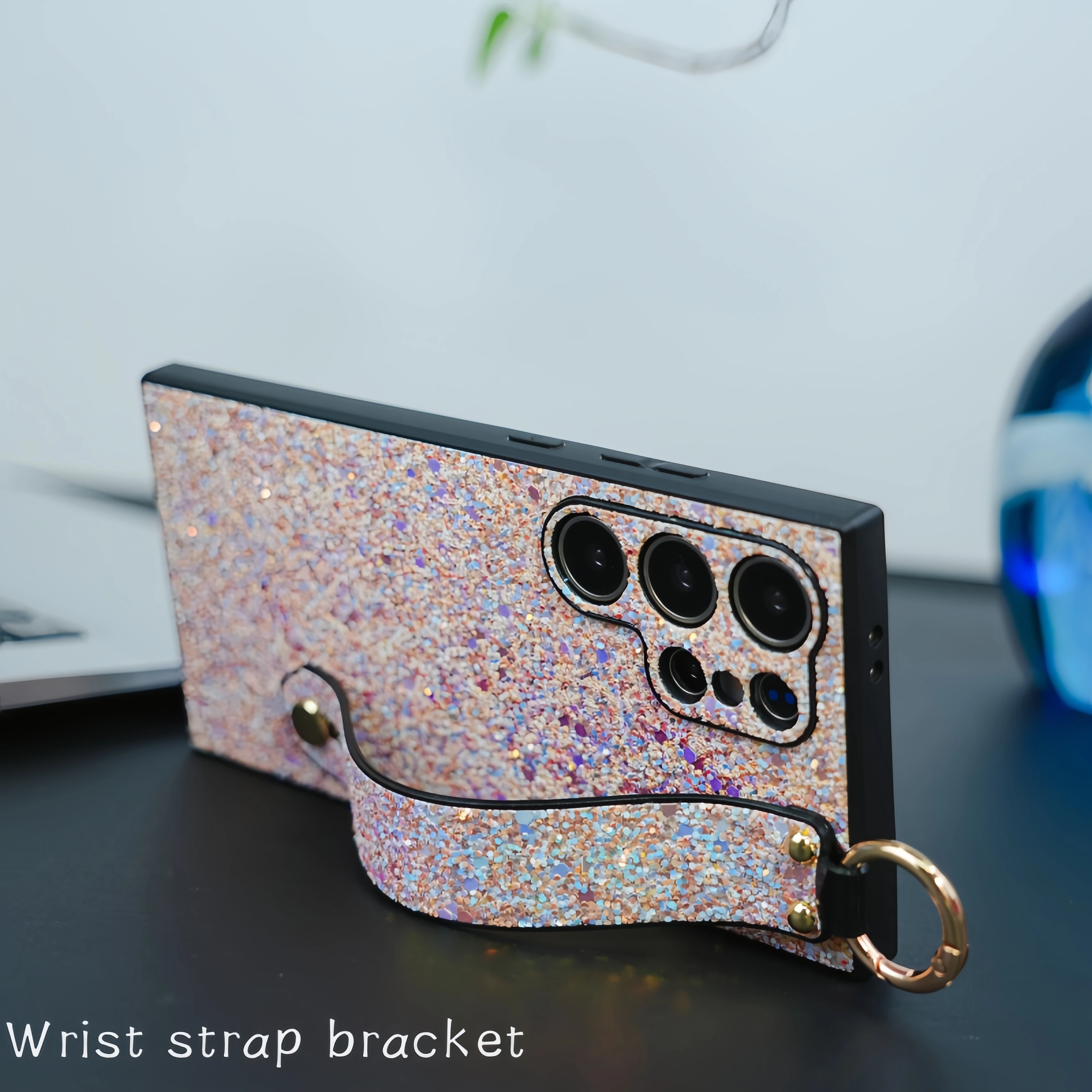 Wrist Strap Bracket Bling Glitter Shockproof Phone Case with Camera Protection
