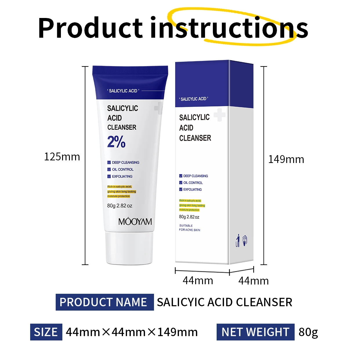 1/2/3pcs Salicylic Acid Facial Cleanser Deep Cleaning Skin Care Salicylic Acid Cleansing Foam Korean Face Wash Moisturized Skin 3