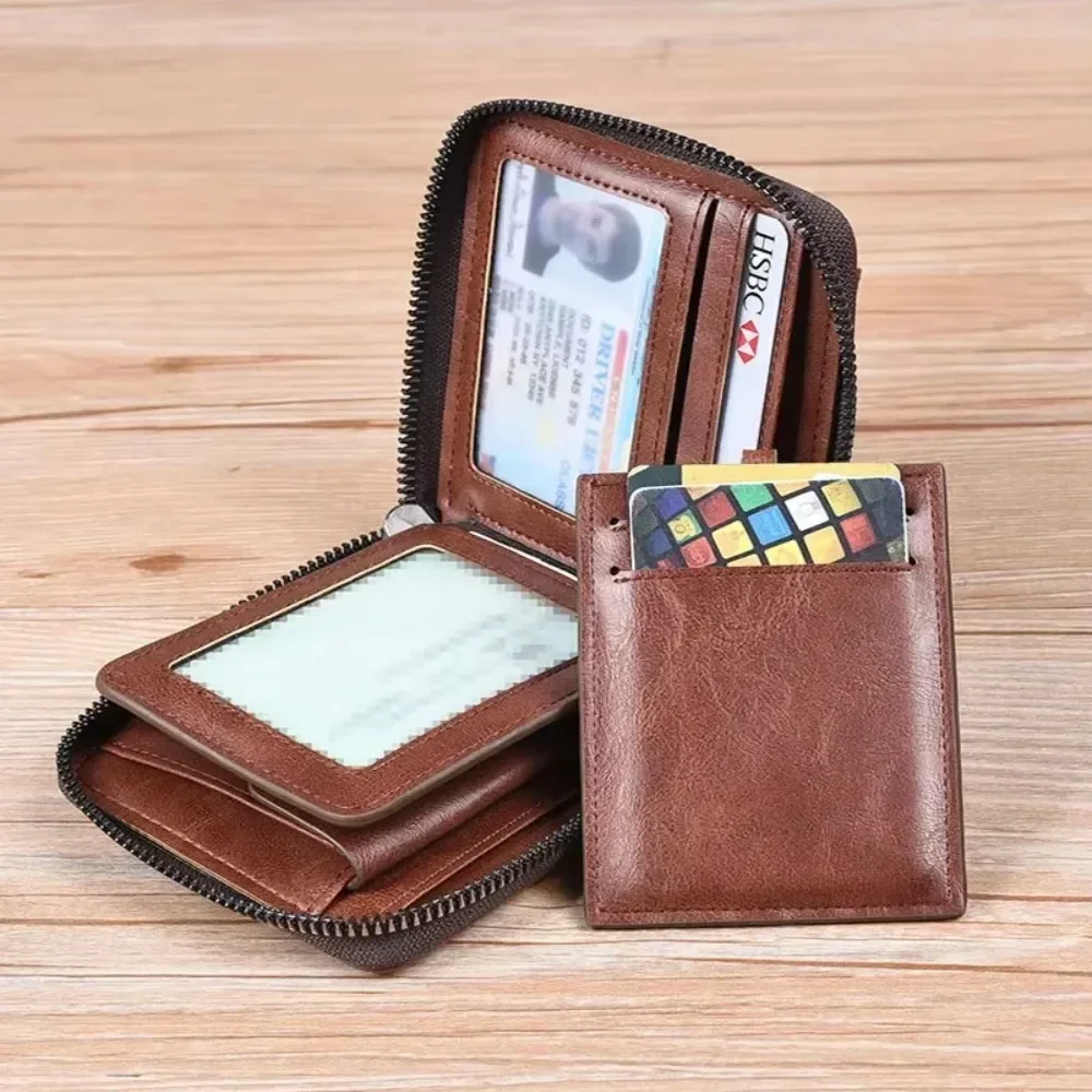 New Men Leather Wallet Business Credit Card Holder Blocking Pocket Coin Purse Zipper Wallet Male High Quality