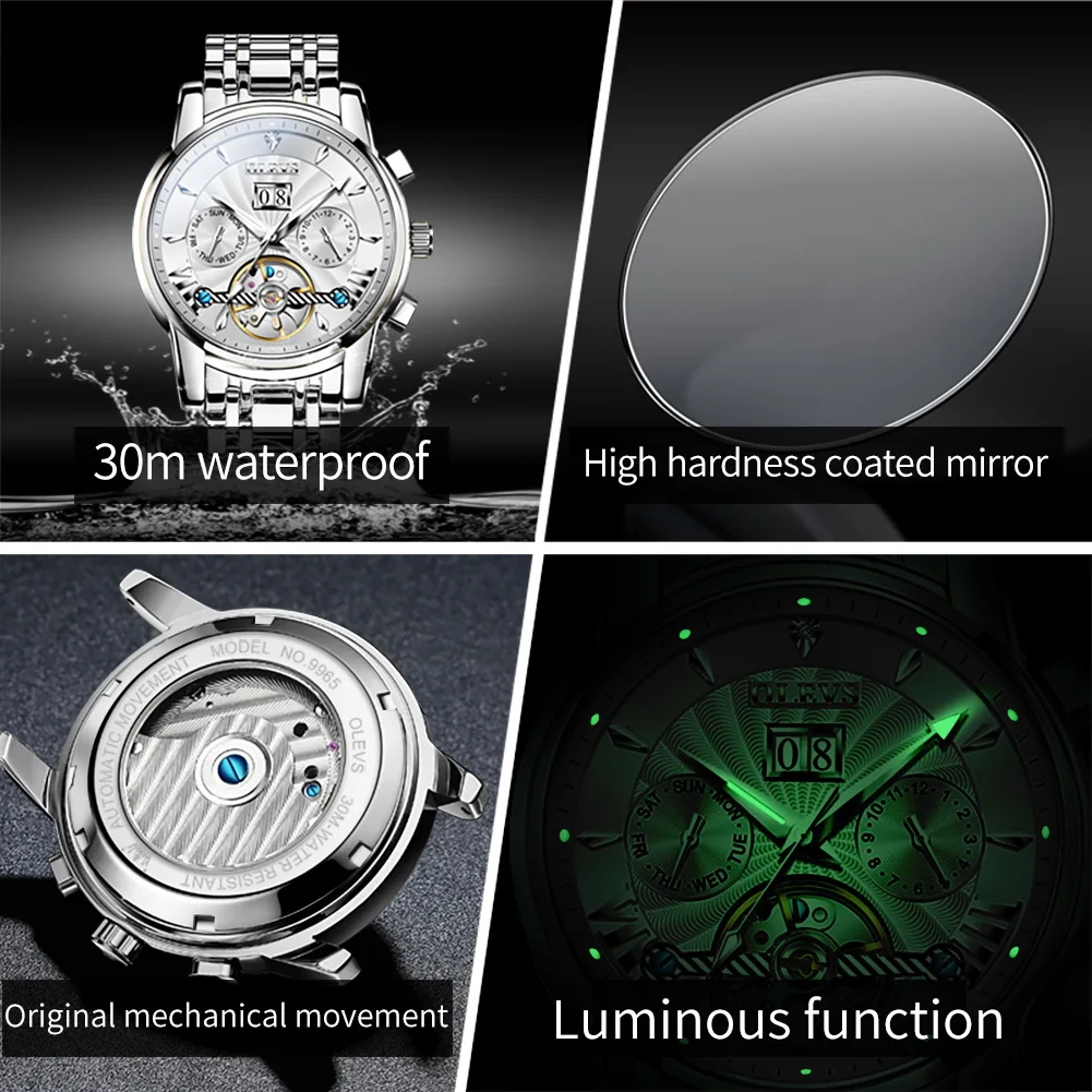 OLEVS Brand New Luxury Gold Mechanical Watch Men Stainless Steel Waterproof Fashion Tourbillon Watches Mens Relogio Masculino