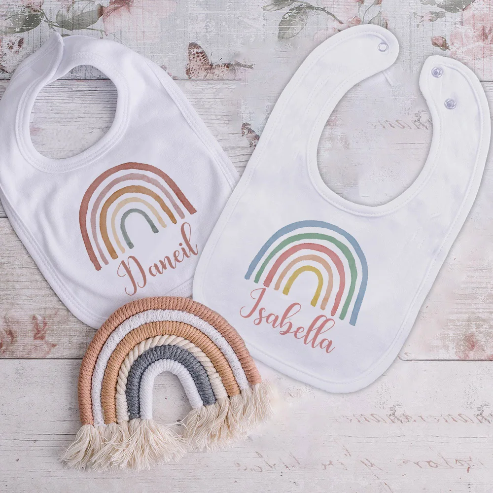 

Personalised Baby Bib Custom rainbow with Name Girls boys Cotton Bibs Newborn Saliva Towel infant Bib Baptism Baby Shower Gifts