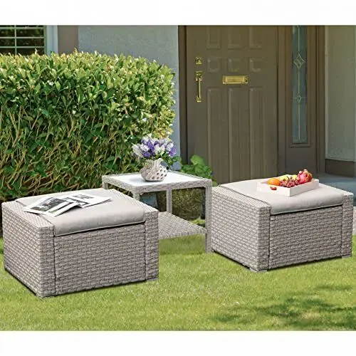 3 Piece Wicker 2 Ottoman Chairs And Table Patio Outdoor Furniture Sets Clearance with coffetable for Poorside Garden Balcony