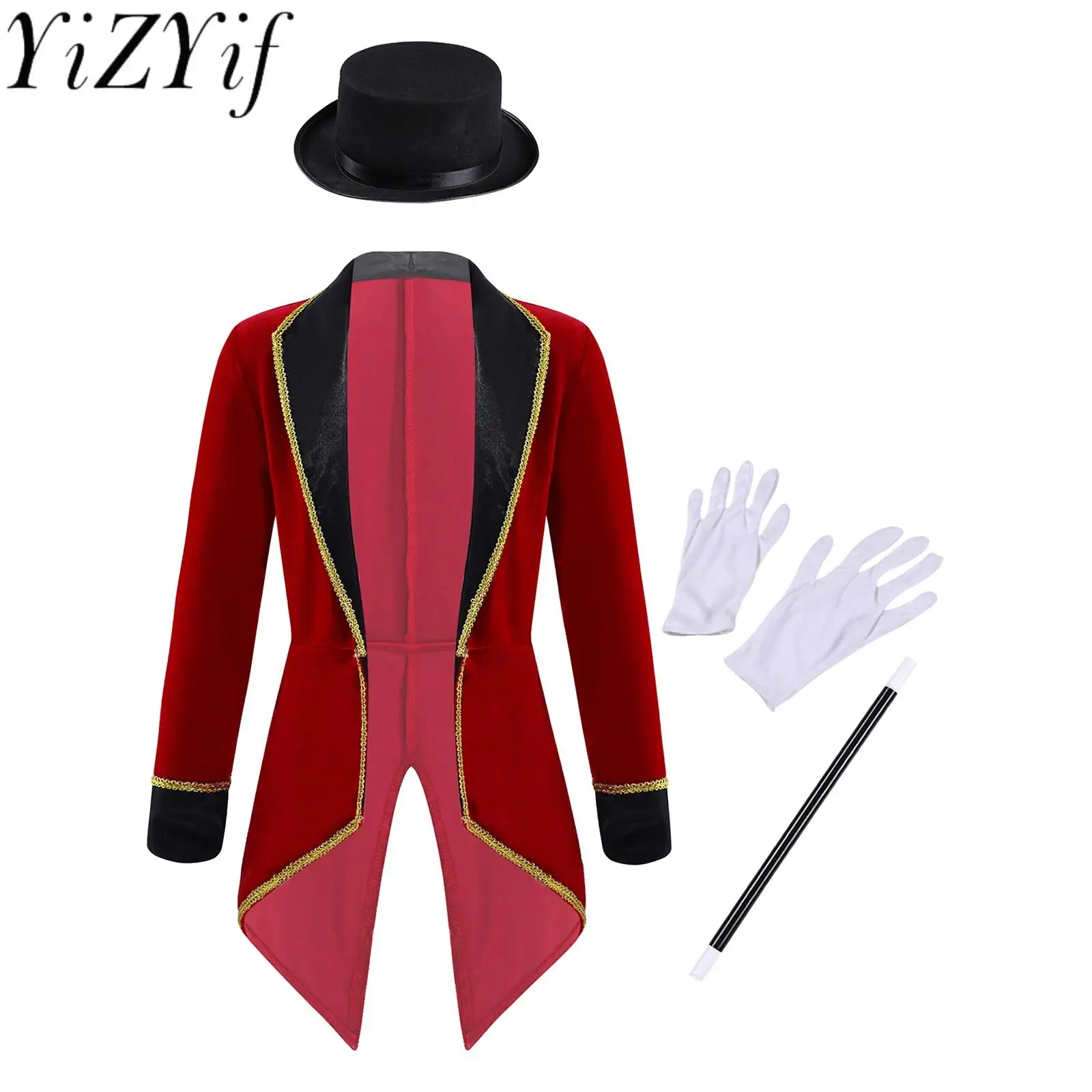 

Kids Halloween Circus Ringmaster Tuxedo Coat Long Sleeves Tailcoat Jacket with Hat Magic Wand Gloves Performance Cosplay Suit