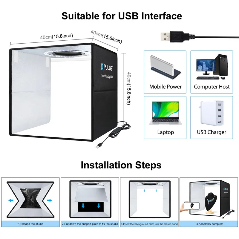 40cm Fold Photo Light Box Photography Studio Softbox 3 Modes Dual Color Temperature Desktop Shooting Tent 12 Colors Backdrop