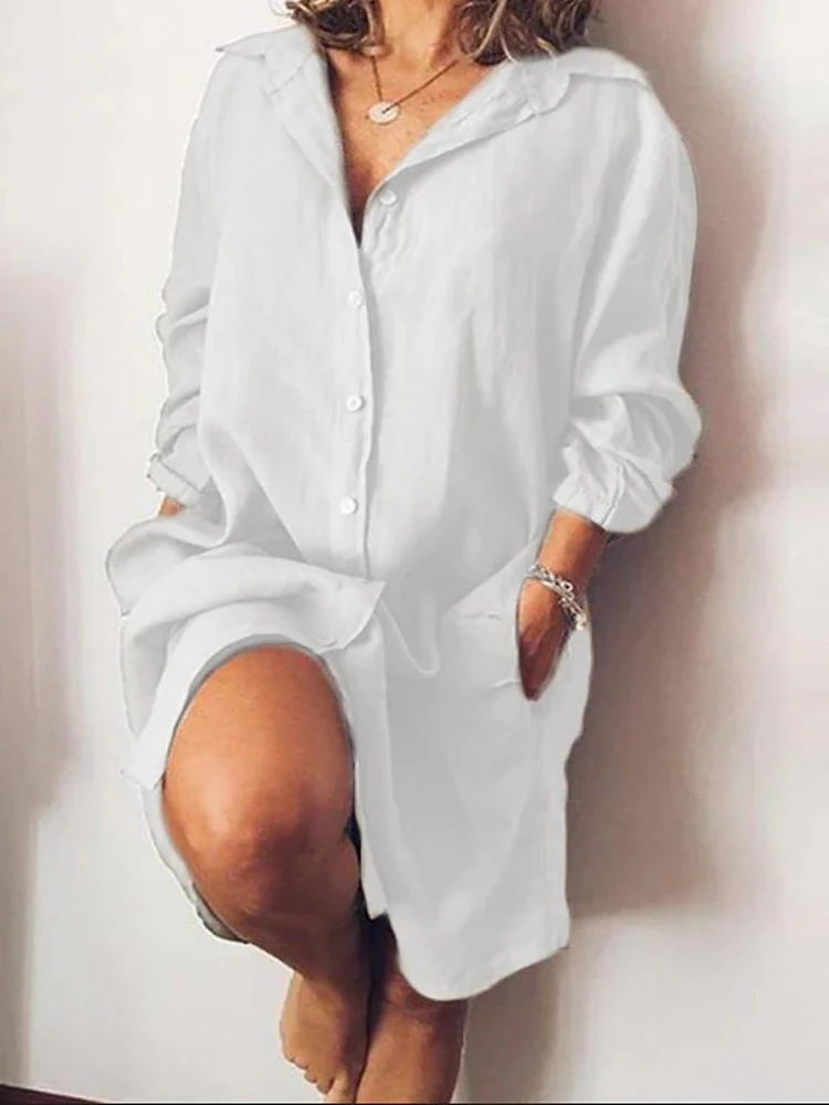 2024 Autumn Fashion New Elegant Cotton and Hemp Women's Dress Elegant Commuting Style Flip Collar Single Breasted Elegant Dress 2