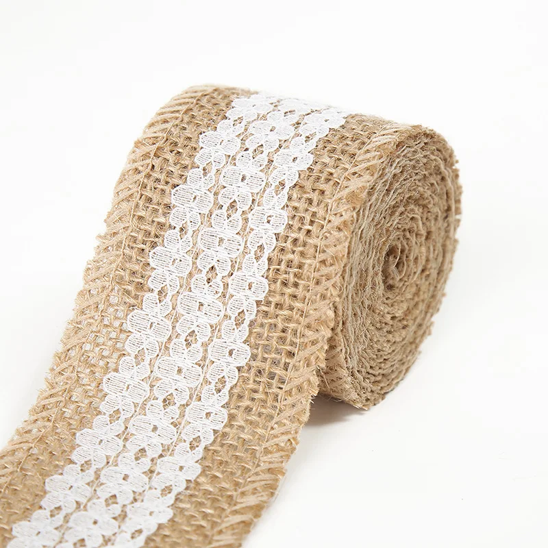 Nastro di iuta vintage con pizzo bianco, tela naturale di iuta con pizzo, decorazione in pizzo, nastro decorativo per fai da te, per matrimoni, Natale, regali, 8 x 2 m