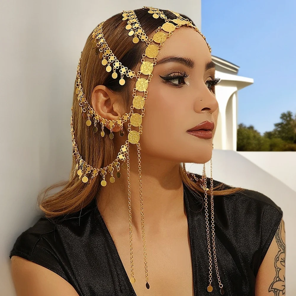 여성용 골든 코인 문 펜던트, 다층 긴 체인, 술 헤어 쥬얼리, 럭셔리 두바이 아랍 신부 모자 액세서리-Freehip.co.kr