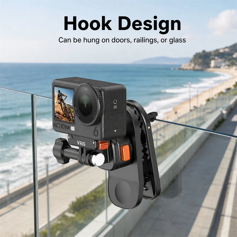 VRIG AC-97 360 ° DJI Action 6/5 Pro/4/3 Insta360 Ace Pro 2용 회전식 백팩 클립, 야외 촬영용 미니 볼헤드 마운트