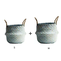 2PCS Boho style Decor Handmade Straw Seaweed Flower Basket Plant Pot Wicker Storage Basket Collapsible Laundry Basket 1