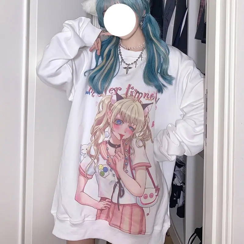 Kawaii Y2k Girls Anime Long Sleeve White Top Japanese Harajuku Sweet Fashion Hoodie 2000s Aesthetic Casual Streetwear Y 2k Women