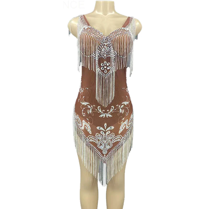 

Rhinestone Women Sparkly Silver Fringe Transparent Birthday Chain Outfit Dancer Evening Dress