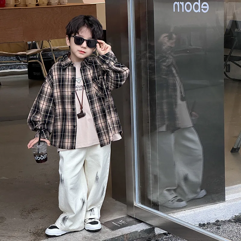 Spring Autumn baby shirts children fashion plaid long sleeve shirt boys turn-down collar loose cotton Tops
