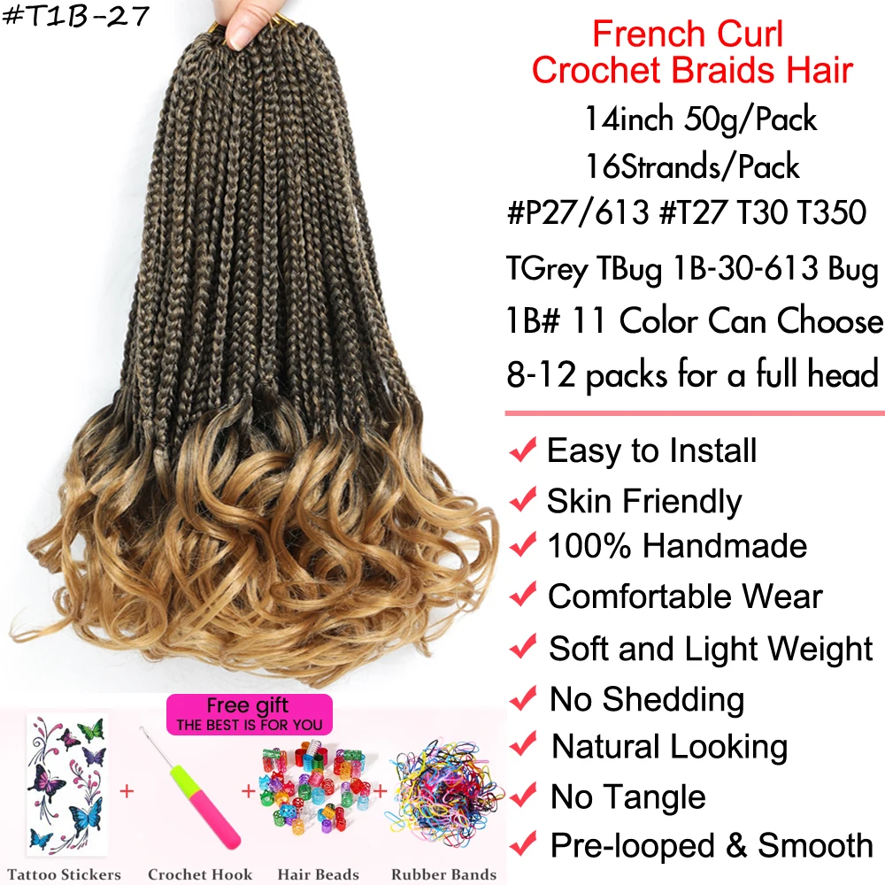 14inch French Curls Box Braids Crochet Hair Box French Curls Braiding Hair with Curly Ends Ombre 1B 30 27 Blonde Braids