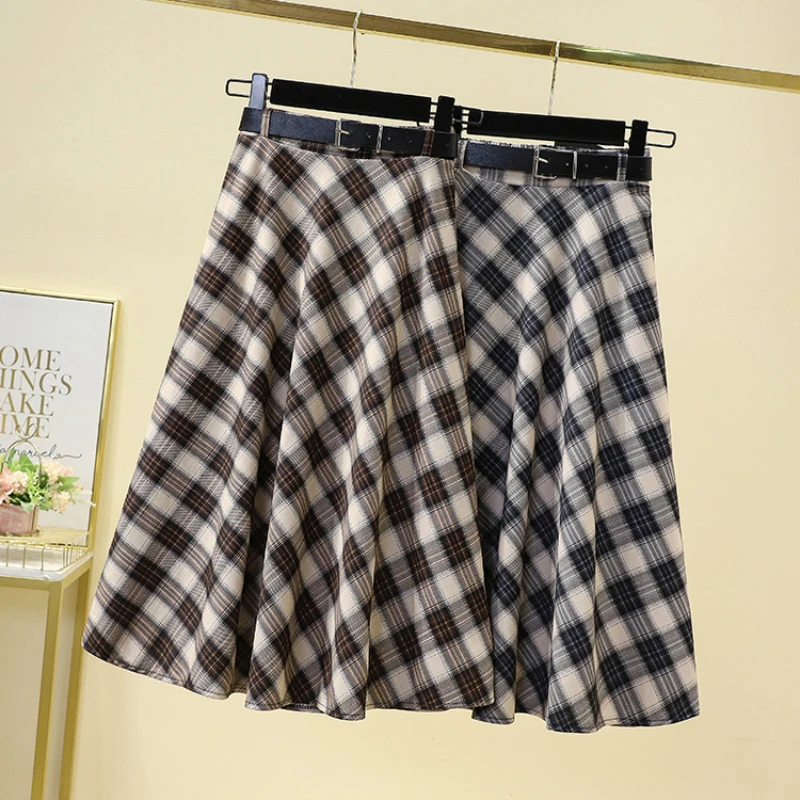 

ZOKI High Waist Women Plaid Skirt New 2023 A Line Large Size Fashion Belt All Match Ladies Midi Skirts Korean Spring Faldas